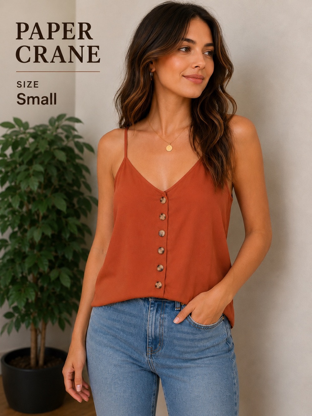 Paper Crane button down camisole Woman’s Small cinnamon burnt orange color